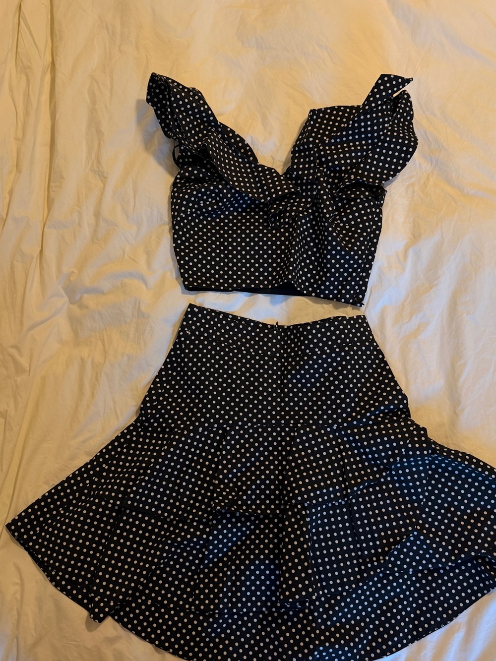 Polka Dot Ruffle Tiered Skirt and Cap Sleeve Crop Set in Black and White